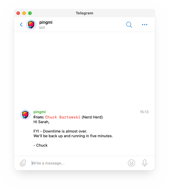 pingmi telegram bot reaching out with a new message