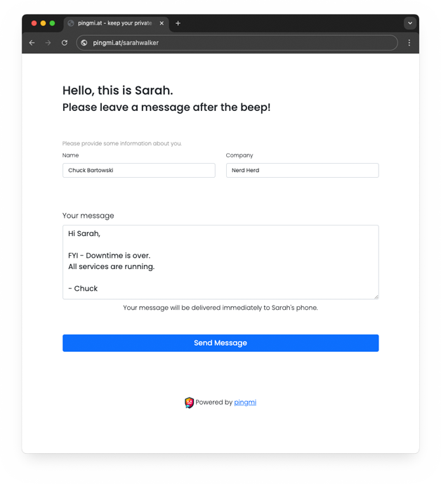 pingmi personal messaging page