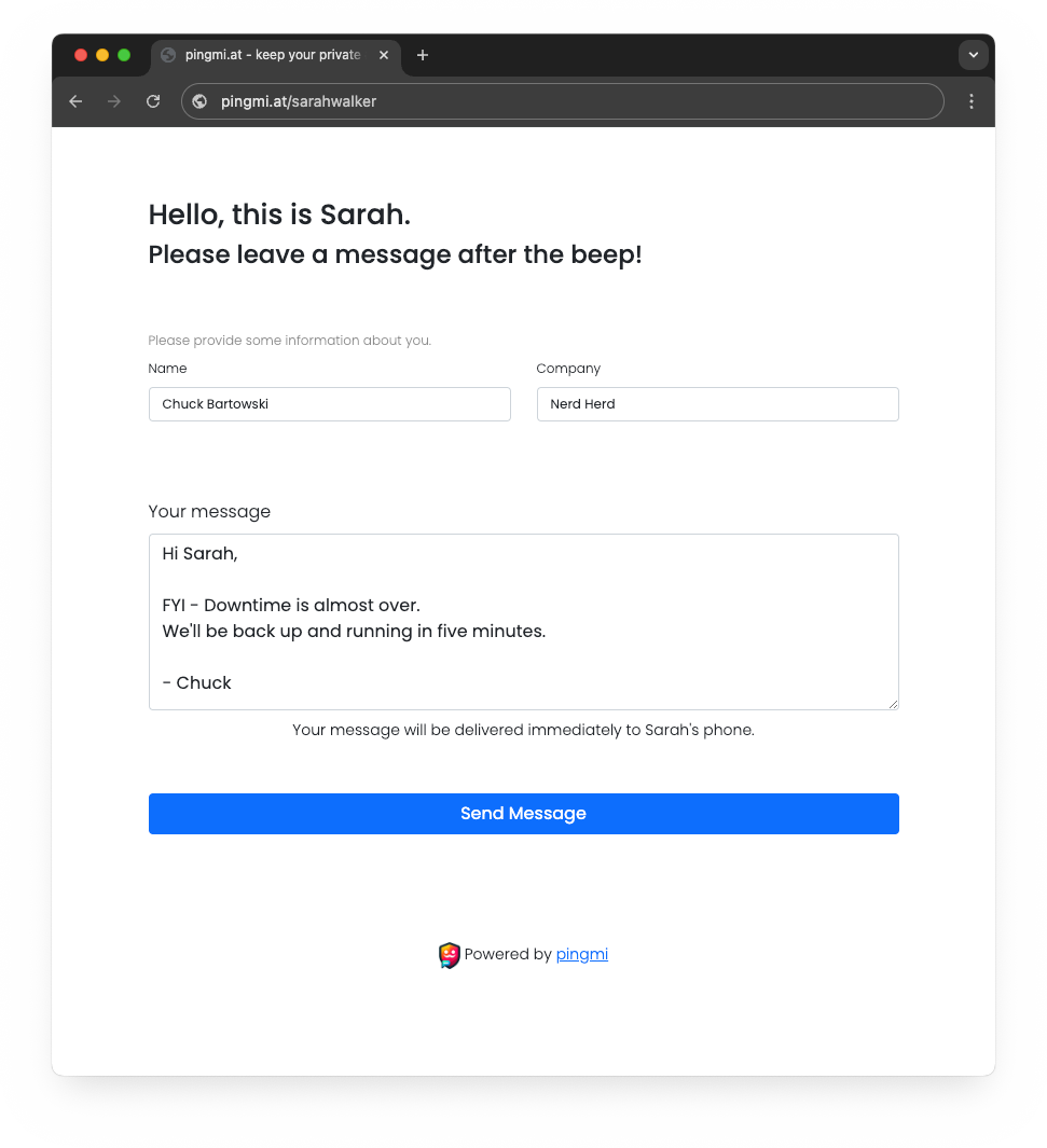 pingmi personal messaging page